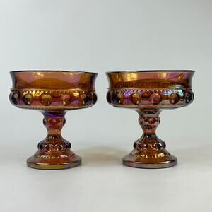 2 Indiana Carnival Glass Marigold King's Crown Thumbprint Compotes Wedding Bowl